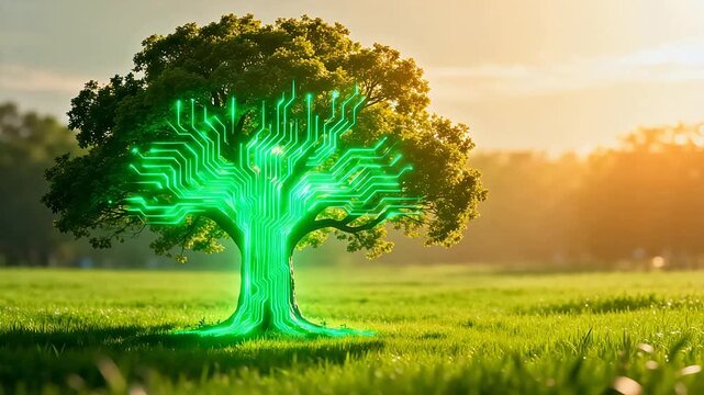 Tree with glowing circuit design