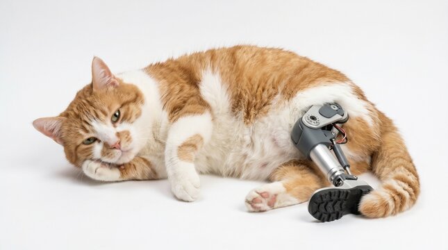 A ginger cat lying down with a prosthetic hind leg on a white background.