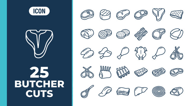 Twenty five black and white linear butcher meat cut icons