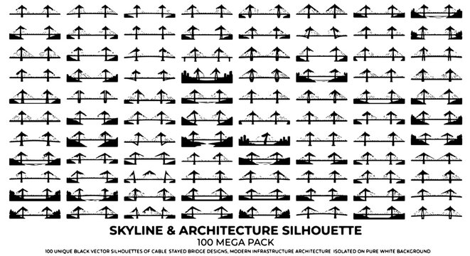 Skyline and architecture silhouette 100 mega pack, black vector bridge icons, modern infrastructure and cable stayed bridge designs on white