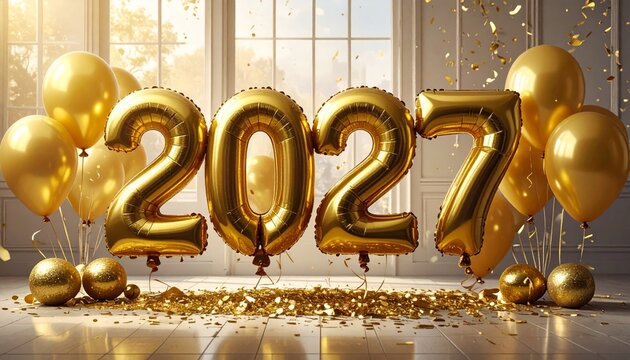 Happy New Year and Christmas greeting card with golden 3D numbers 2027, winter snowflakes, festive illustration vector design