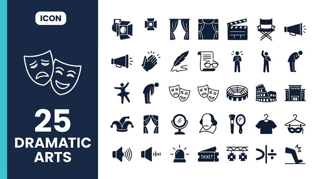 Set of twenty five minimal icons representing dramatic performing arts