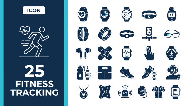 Set of twenty five modern black fitness tracking technology icons