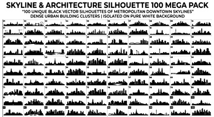 Fototapeta premium Skyline and architecture silhouette 100 mega pack, black vector silhouettes of metropolitan downtown skylines, urban building clusters on white