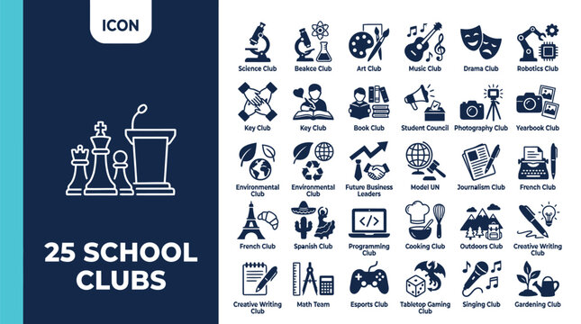 Set of twenty five creative school club icons for students