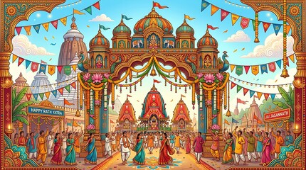 Naklejka premium Vibrant indian festival scene with colorful temple gate and people