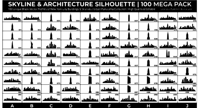 Skyline and architecture silhouette 100 mega pack, urban city building profiles, black vector skyscraper icons, metropolitan panorama collection