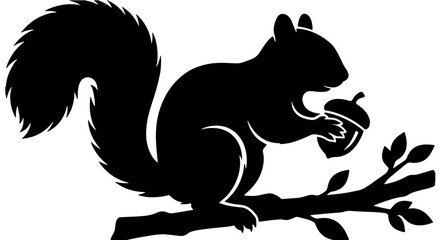 Black squirrel silhouette holding acorn on tree branch, woodland animal vector illustration, minimalist forest wildlife icon isolated on white © Zubaraj