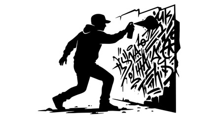 Urban graffiti artist silhouette painting on wall with spray can, street art culture vector illustration, black and white stencil of hooded man © Zubaraj