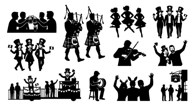 St. Patrick's Day silhouette collection, Irish festival celebration vector set, traditional bagpipe players and leprechaun parade elements