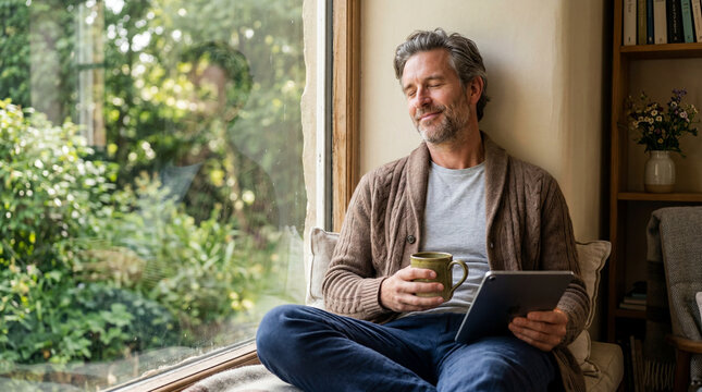 Man sits by window with coffee and tablet while enjoying view of garden in a cozy room