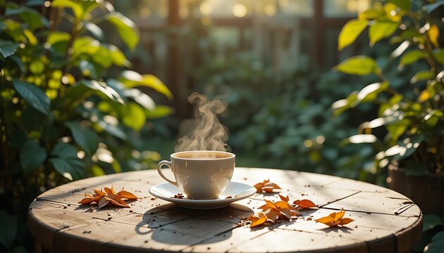 Steaming cup of hot coffee on a wooden table outdoors in a garden during a beautiful autumn day. outdoor coffee setup