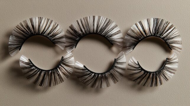 Lash separation macro false eyelashes arranged neutral backdrop individual fibers natural curl patterns even lighting distribution professional beauty photography