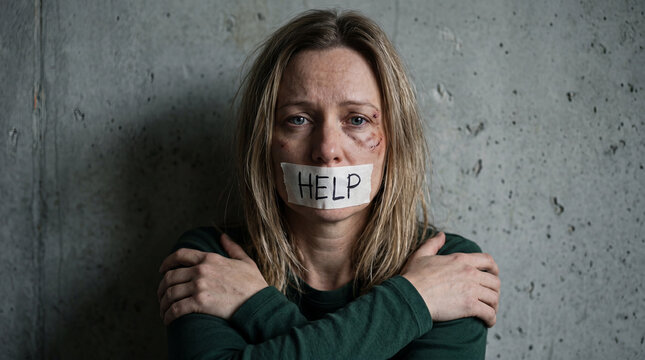 Woman with tape over mouth holding her arms, sitting against a concrete wall while showing signs of distress and seeking help