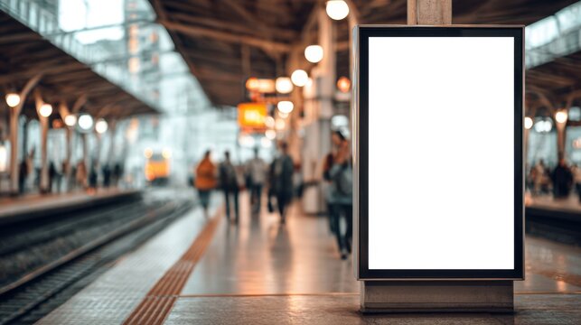 Train station featuring empty marketing billboard and passenger traffic.