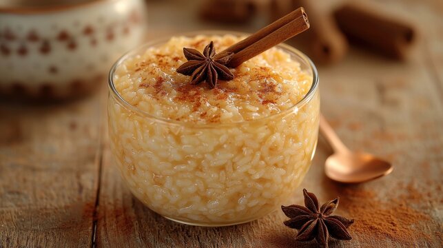Premium rice pudding cup garnished with cinnamon stick and star anise served in elegant glass bowl on rustic wooden table at fine dining restaurant