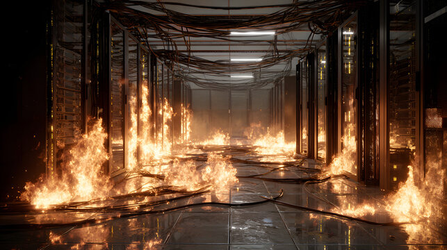 Catastrophic server room fire with intense orange flames and burning data cables.