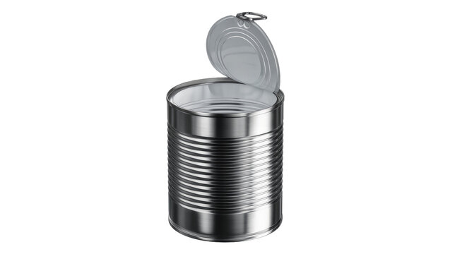 Opened empty metallic food can with pull tab, isolated on transparent background