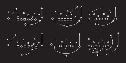 Hand drawn football tactics diagram, soccer strategy play with arrows, player movement, passing routes and formation plan for offensive and defensive game concept © Hike Studio 2