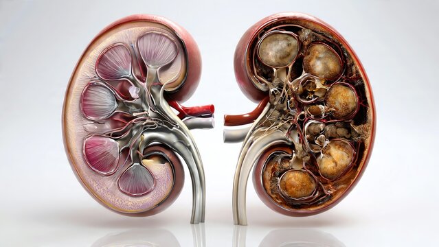 Detailed anatomical illustration of healthy and diseased human kidneys