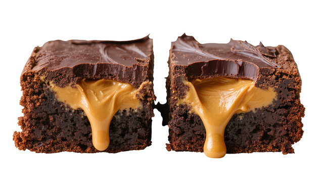 Rich chocolate brownies with gooey peanut butter filling, isolated on transparent background