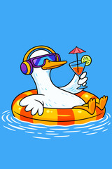 Obraz premium duck with coldrink in the water, listening music