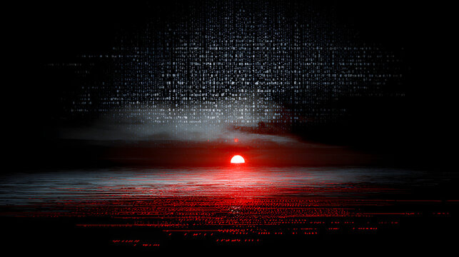 Cinematic red sun setting over digital ocean with massive binary data clouds.