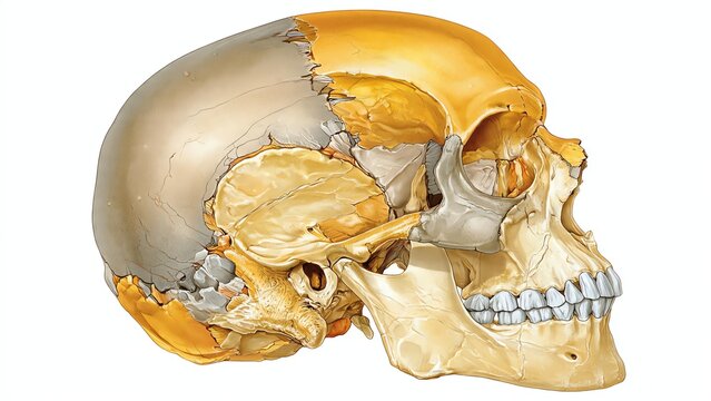 Detailed anatomical illustration of human skull with color-coded sections