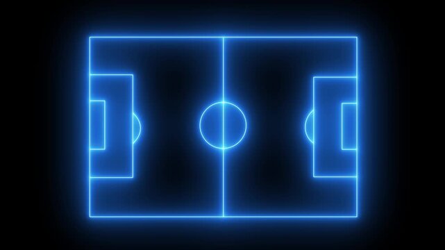 Glowing neon Soccer play field ground lines on sunny grass pattern background. Goal side perspective used.4k motion graphics video animation