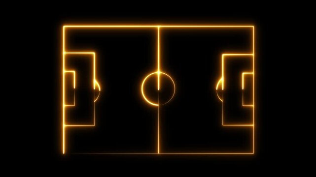 Glowing neon Soccer play field ground lines on sunny grass pattern background. Goal side perspective used.4k motion graphics video animation