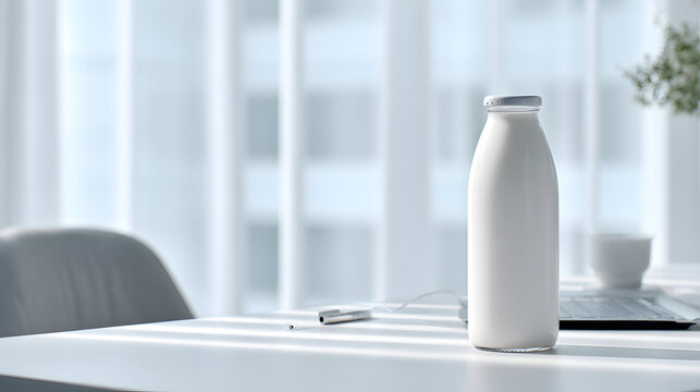 Clear glass bottle with white milk on a desk, laptop and chair in background with soft window light.