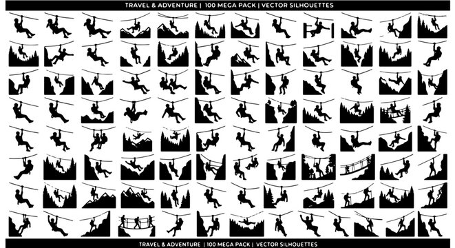 Travel and adventure zipline silhouettes, 100 mega pack vector silhouettes of people on zip lines, extreme outdoor sports and mountain activity icons