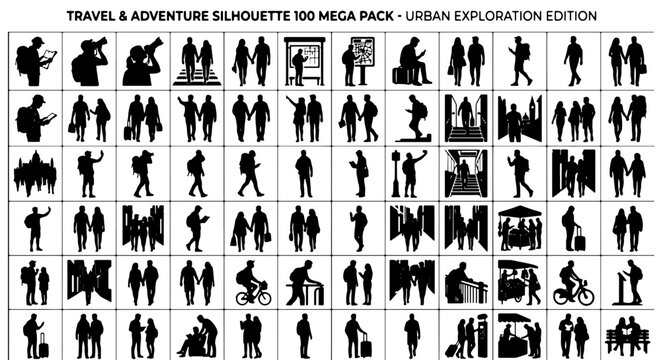 Travel and adventure silhouette 100 mega pack, urban exploration edition vector set, black people silhouettes for city tourism and vacation projects