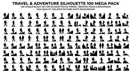 Fototapeta premium Travel and Adventure Silhouette 100 Mega Pack, Black Vector Silhouettes of Hikers and Trekking People, Mountaineering and Hiking Icons Set