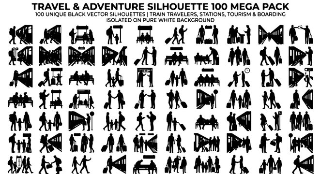 Travel and adventure silhouette 100 mega pack, black vector silhouettes of train travelers and stations, tourism and boarding icons