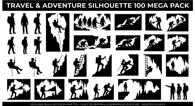 Travel and adventure silhouette 100 mega pack, mountain climbing and cave exploration vector set, hiking and rappelling outdoor activity icons