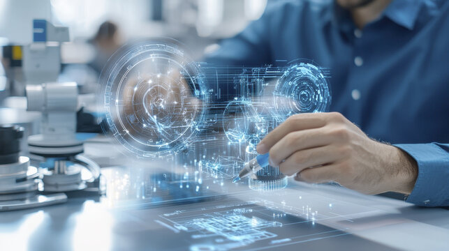 Product designer working with AI technology, creating innovative designs and prototypes in modern workspace