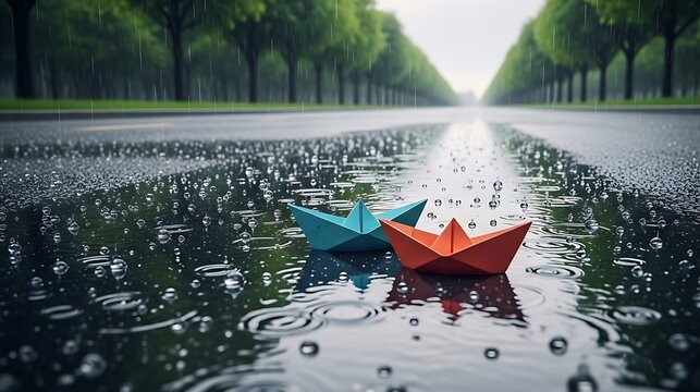 Two colorful paper boats floating on a wet asphalt road during a rainy day in a treelined avenue