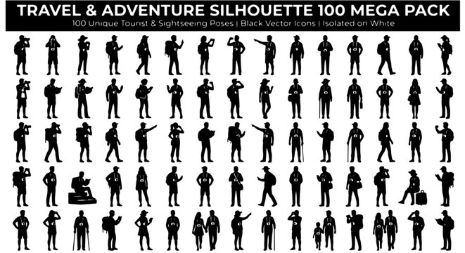 Travel and adventure silhouette 100 mega pack, unique tourist and sightseeing poses, black vector icons isolated on white background
