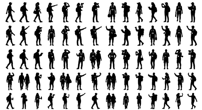 Tourist silhouette collection, 70 traveler vector icons, people with backpacks and cameras, walking and sightseeing figures for travel maps