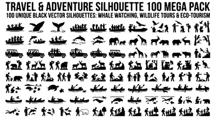 Travel and adventure silhouette 100 mega pack, wildlife tours and eco-tourism vector icons, whale watching and safari animal silhouettes © Zubaraj