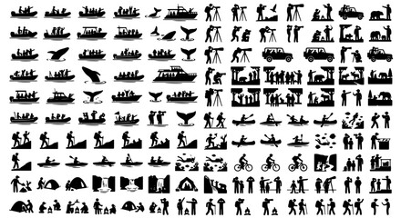Wildlife safari and adventure travel silhouettes, outdoor tourism activities set, nature photography and whale watching icons, vector collection © Zubaraj