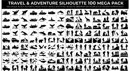 Travel and adventure silhouette 100 mega pack, black vector silhouettes of whale watching and wildlife observation, eco tourism icons © Zubaraj