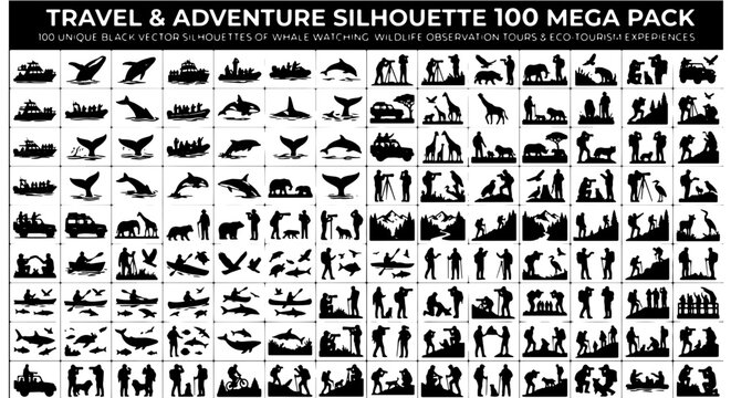 Travel and adventure silhouette 100 mega pack, black vector silhouettes of whale watching and wildlife observation, eco tourism icons
