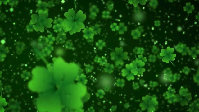 Green clover flowers and leaves on dark green background with bokeh effect
