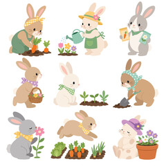 Naklejka premium Cute Bunnies Engaged in Various Gardening Activities, Illustrating Springtime Fun and Growth.