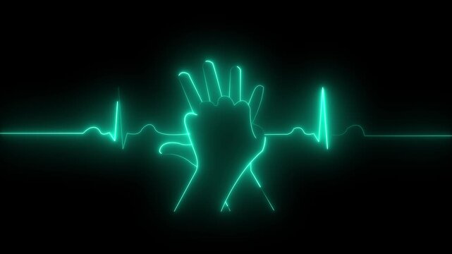Neon cpr chest compression animation with ekg heartbeat monitor line cardiopulmonary resuscitation