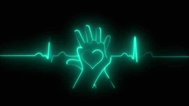 Neon heartbeat ekg line with cpr hands animation for medical emergency awareness cardiopulmonary resuscitation