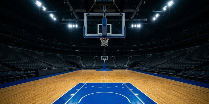 An empty basketball court with a blue and white painted key, wooden floor, and hoop in a darkened indoor arena with seating.