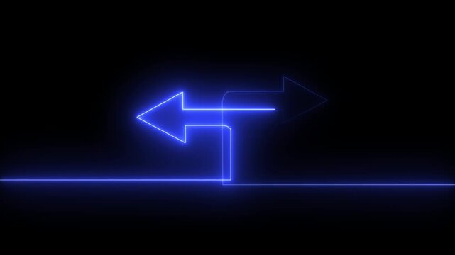 Neon blue glowing arrows pointing opposite directions on black background, choice